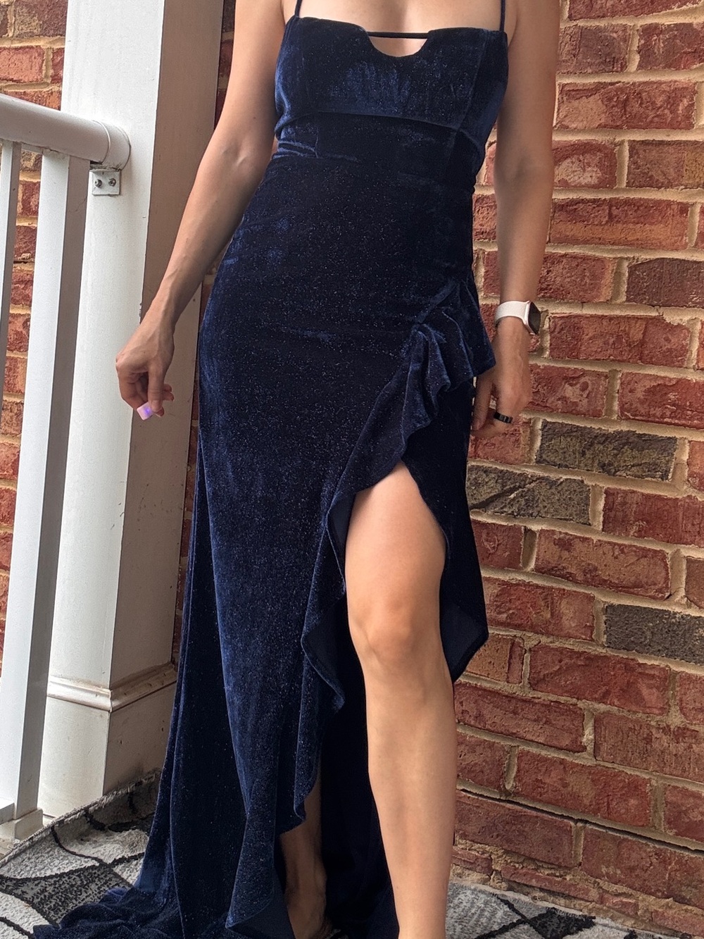 Midnight Blue Velvet High-Low Evening Dress with Side Ruffle